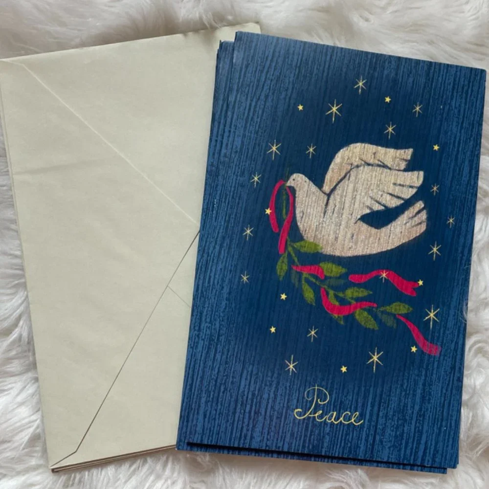 8 Holiday Peace Cards Blue Background white dove Christmas Ribbon stars